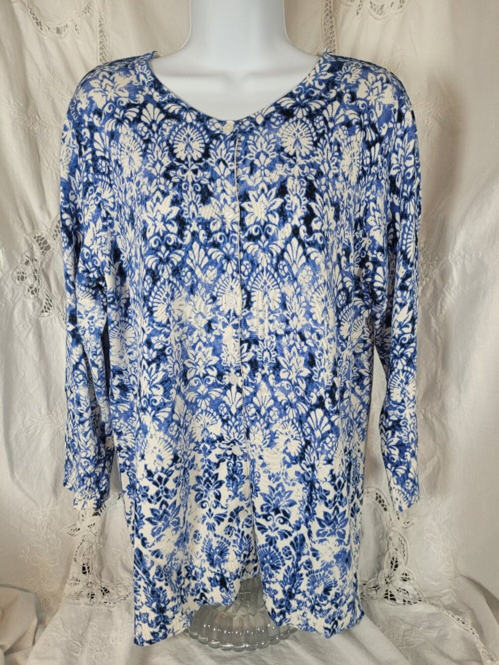 Coldwater Creek Womens L 14 Cardigan Blue White Tile Pattern Cotton Blend